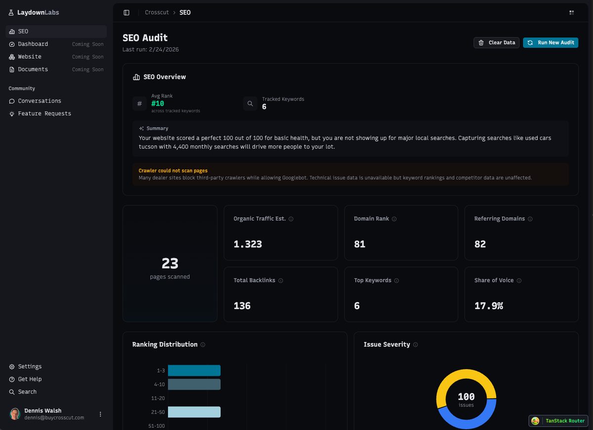 Laydown Labs SEO Audit showing scores, issues, keyword rankings, and competitor comparison